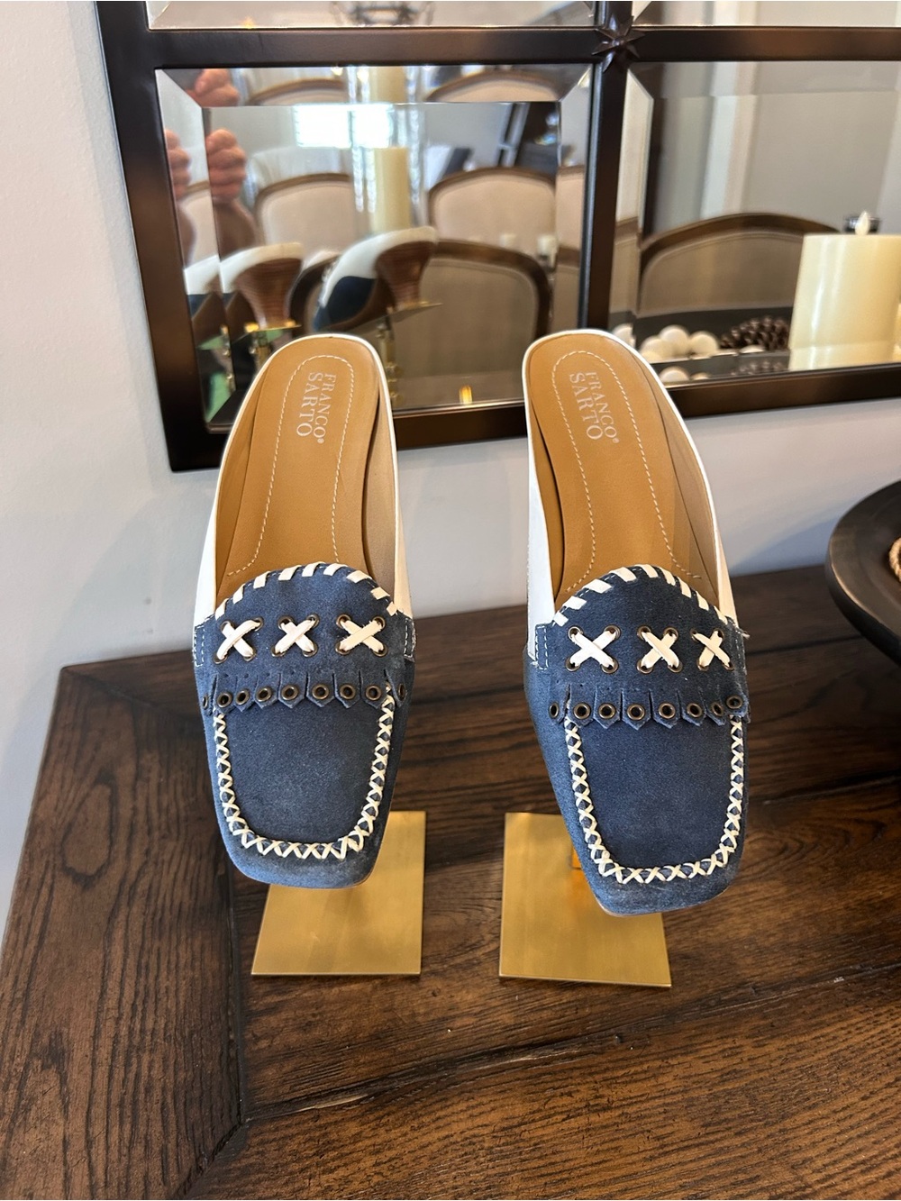 Franco Sarto blue suede and white leather slip on mules size 8.5